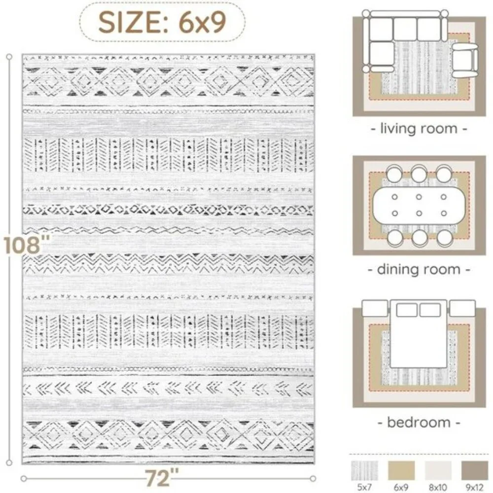 New 6x9 Grey Area Rug, Washable Moroccan Non-Slip Carpet for Home & Office Decor